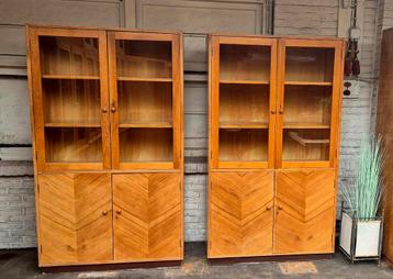 Vintage Houten Schoolkast | Vitrinekast | Boekenkast Set beschikbaar voor biedingen