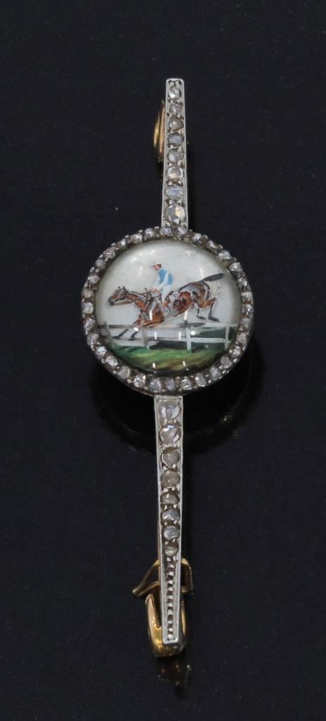 Jockey Intaglio diamant paard antiek 18k broche goud platina, Sieraden, Tassen en Uiterlijk, Antieke sieraden, Broche, Goud, Met edelsteen
