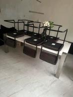 Zes zwarte metalen stoelen met stoffen bekleding, Huis en Inrichting, Stoelen, Gebruikt, Zwart, Ophalen of Verzenden, Metaal
