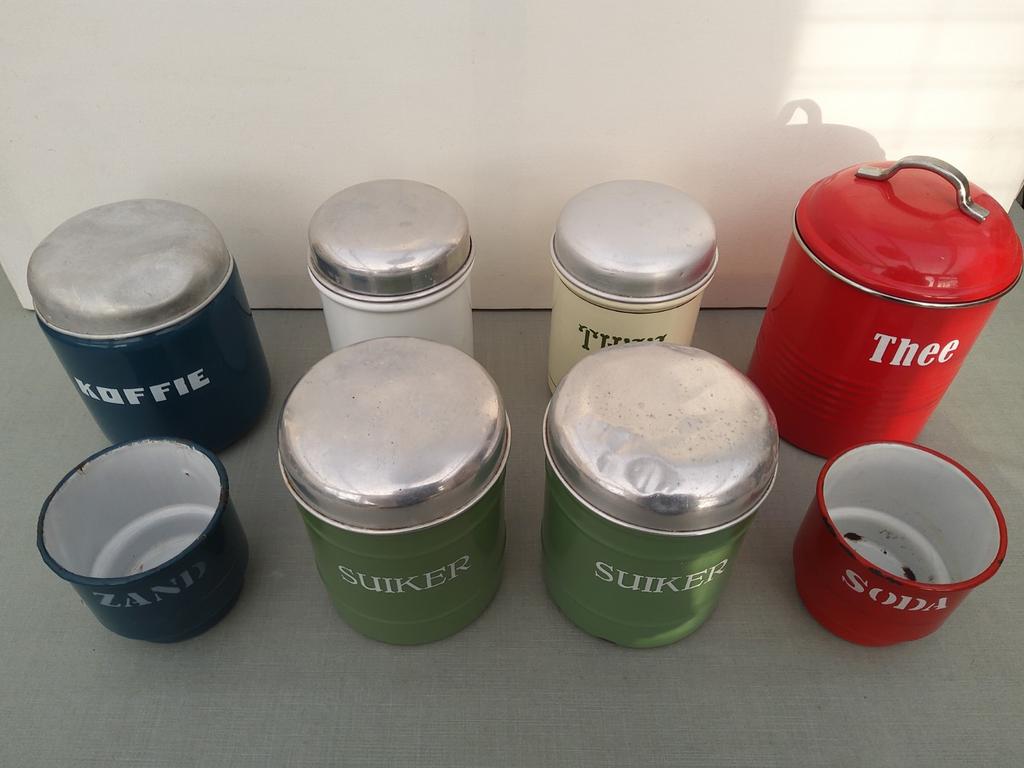 Emaille en Blik - 2 x Theebus - 2 x Suikerbus - Koffiebus em, Antiek en Kunst, Antiek | Emaille, Ophalen of Verzenden