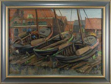 Olieverf op doek scheepswerf Spakenburg  nette staat. beschikbaar voor biedingen