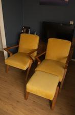 2 fluwele fauteuils met 1 voetensteun, Scandinavisch design, Ophalen, Hout, Scandinavisch design, 75 tot 100 cm