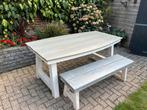 Steigerhouten tafel en bankje, Tuin en Terras, Ophalen, Zo goed als nieuw, Rechthoekig, Hout