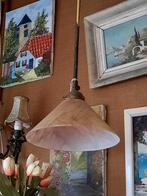 Hanglamp Vaste messing stang met Kap van bruin gevlamd glas, Ophalen, N.v.t., N.v.t., Vintage