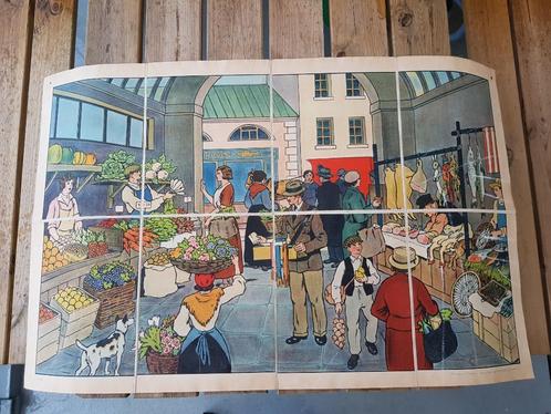 Op de markt oude schoolplaat uit Frankrijk litho op canvas., Antiek en Kunst, Kunst | Litho's en Zeefdrukken, Ophalen of Verzenden