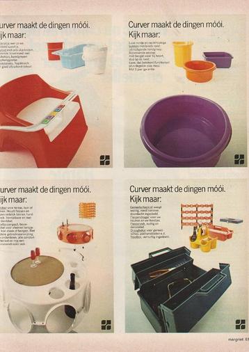Retro reclame 1972 Curver plastic teiltjes en kinderzitje beschikbaar voor biedingen
