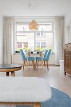 Witte Eetkamertafel + 6 aqua stoelen, Huis en Inrichting, Tafels | Eettafels, Ophalen, Gebruikt, 200 cm of meer, 50 tot 100 cm
