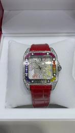 Cartier santos full diamonds 15ct + rainbow sapphire, Overige merken, Overige materialen, Leer, Polshorloge