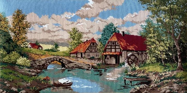 Borduurwerk, zijde, landschap, molen, bos, vintage, groot, Hobby en Vrije tijd, Borduren en Borduurmachines, Ophalen