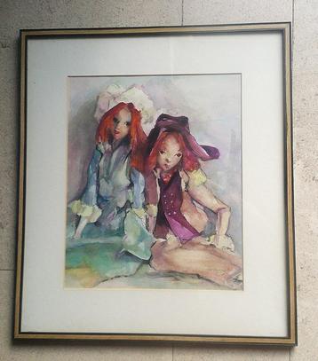 Aquarel - 2 poppen - 1973 - Hollandse School beschikbaar voor biedingen
