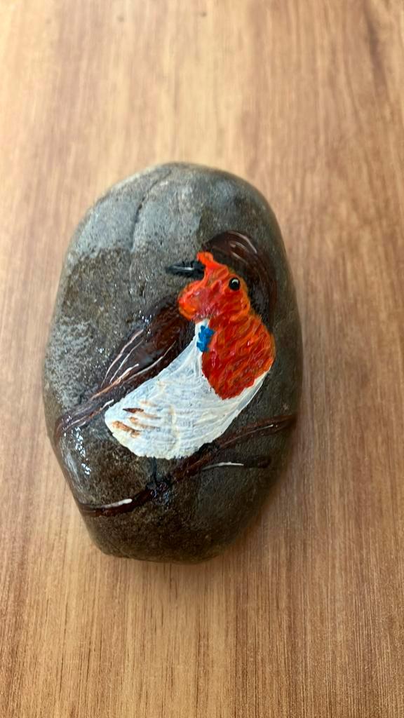 Beschilderde steen roodborstje, Antiek en Kunst, Kunst | Schilderijen | Abstract, Ophalen of Verzenden