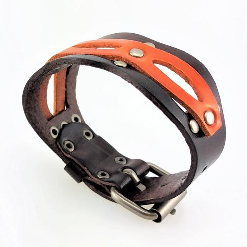 Brede Armband van Donkerbruin/Oranje Buffelleer, Sieraden, Tassen en Uiterlijk, Armbanden, Nieuw, Leer, Oranje, Verzenden