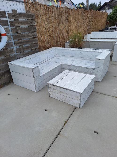 Loungesets en hoge tafels van steigerhout, Tuin en Terras, Tuinsets en Loungesets, Zo goed als nieuw, Loungeset, Steigerhout, 4 zitplaatsen