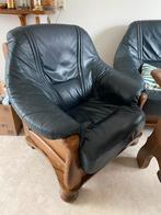 Blauw leren 3-zits bank en fauteuil - Eiken frame, Ophalen, Gebruikt, Leer