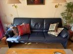 Blauwe leren bank met fauteuil, Huis en Inrichting, Ophalen, Zo goed als nieuw