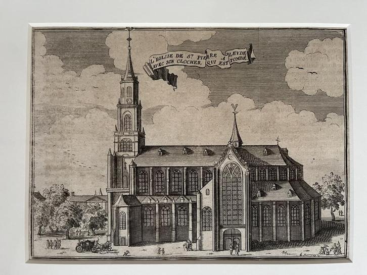 Zeer zeldzame prent, ets, gravure Pieterskerk Leiden, Antiek en Kunst, Kunst | Etsen en Gravures, Ophalen of Verzenden