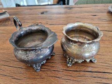 Antieke Zilverkleurige suiker en melk set E.E.N.S. beschikbaar voor biedingen