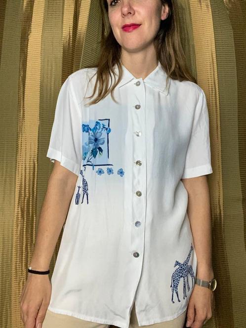 Vintage blouse - wit / blauw - 90’s - print - 36 / S, Kleding | Dames, Blouses en Tunieken, Gedragen, Maat 36 (S), Wit, Ophalen of Verzenden