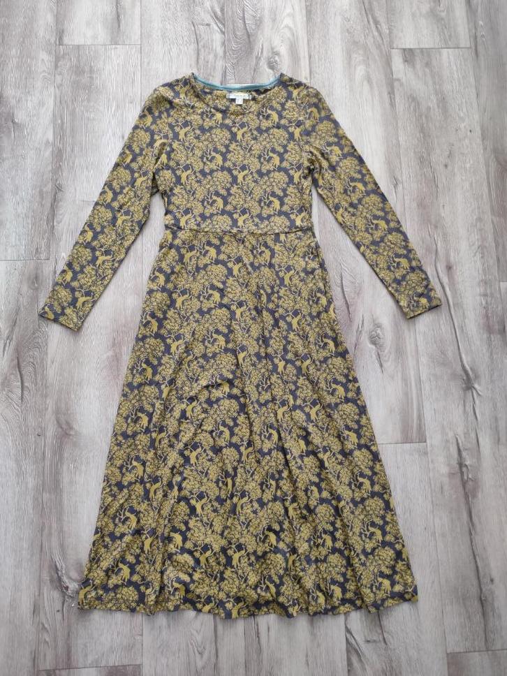Prachtige lange grijs gele jurk met pauwen White Stuff, 36-S, Kleding | Dames, Jurken, Zo goed als nieuw, Maat 36 (S), Grijs, Onder de knie