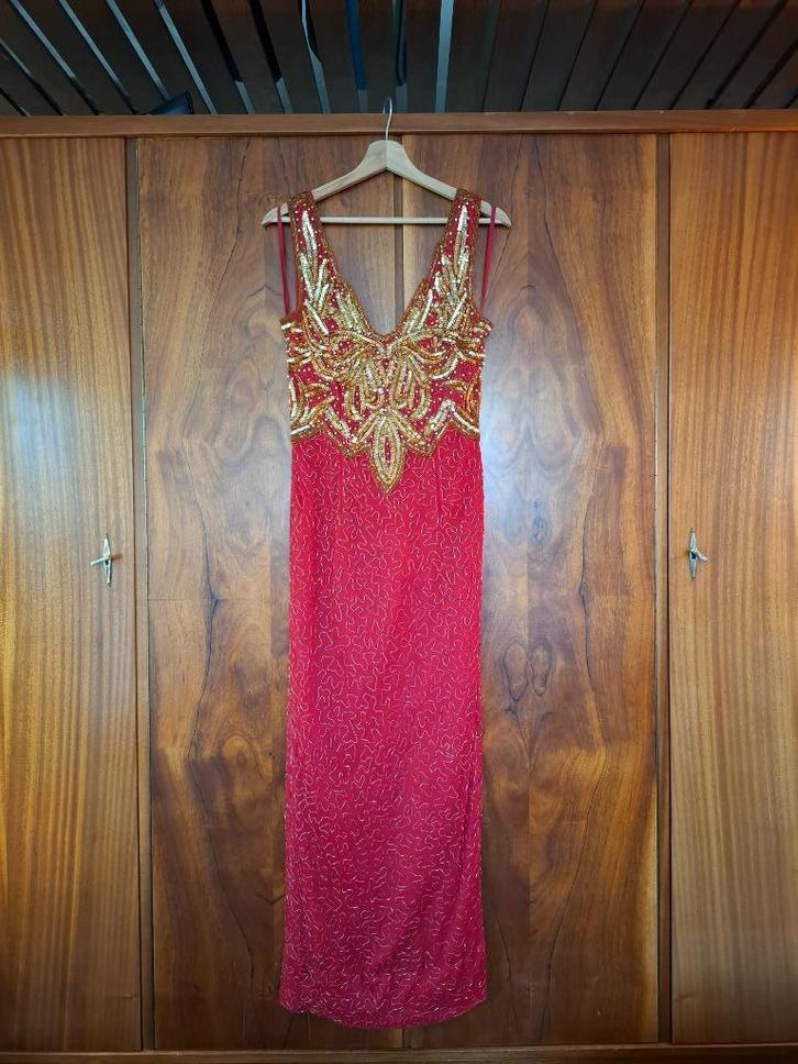 Vintage galajurk rood met goud, Kleding | Dames, Gelegenheidskleding, Gedragen, Galajurk, Maat 36 (S), Rood, Ophalen of Verzenden