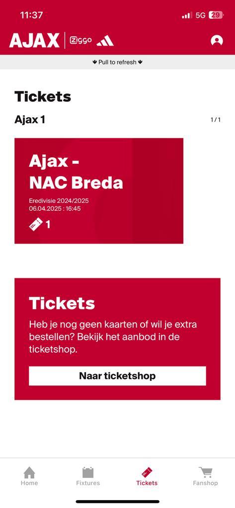 Ajax-Nec Vak 113 1Ticket, Tickets en Kaartjes, Sport | Voetbal, Eén persoon, April, Seizoenskaart, Buitenland, Europa of Champions League