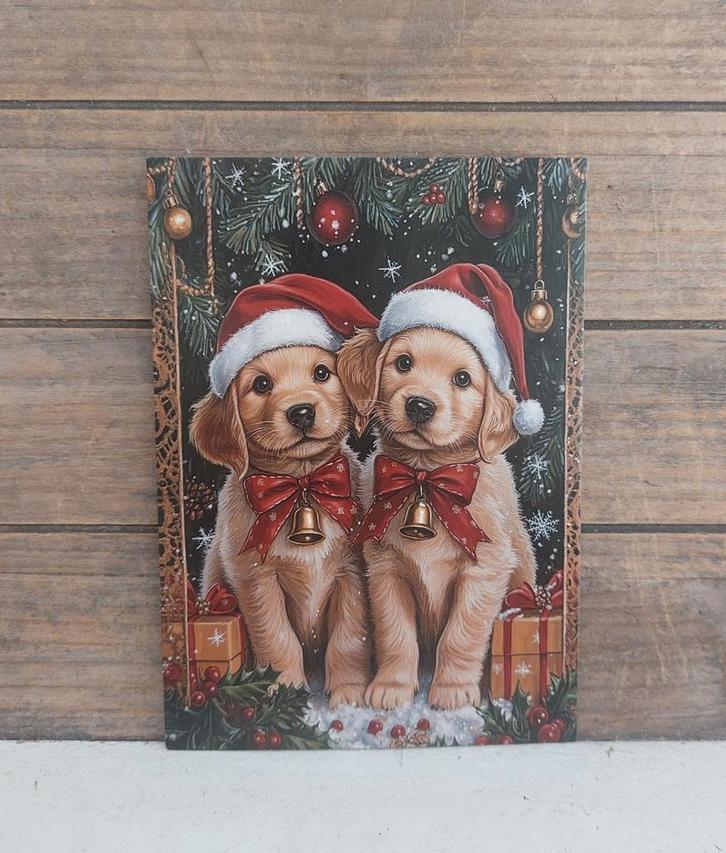 Kerst-kaart 2 Labrador puppies met kerstmuts, Verzamelen, Ansichtkaarten | Themakaarten, Ongelopen, 1980 tot heden, Feest(dag)