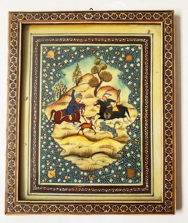 Klein Oosters schilderij met jachttafereel, Antiek en Kunst, Kunst | Schilderijen | Klassiek, Ophalen of Verzenden