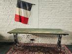Antieke Franse lange tafel met gietijzeren onderstel, groen., Ophalen of Verzenden