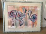 Olieverfschilderij met flamingo’s gesigneerd, Huis en Inrichting, Woonaccessoires | Schilderijen, Tekeningen en Foto's, Minder dan 50 cm