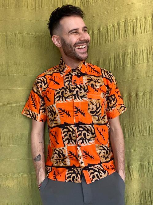 Vintage overhemd / shirt / print / oranje / S/M, Kleding | Heren, Overhemden, Gedragen, Halswijdte 39/40 (M), Oranje, Ophalen of Verzenden