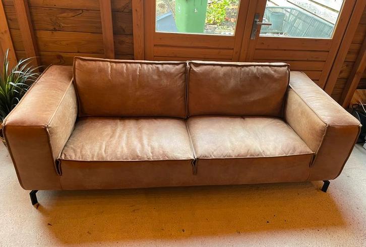 3-zitsbank cognac leerlook, Huis en Inrichting, Banken | Bankstellen, Gebruikt, Rechte bank, Driepersoons, 200 tot 250 cm, 75 tot 100 cm