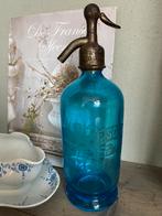 Blauwe franse brocante spuitfles siphon opdruk tekst, Ophalen of Verzenden