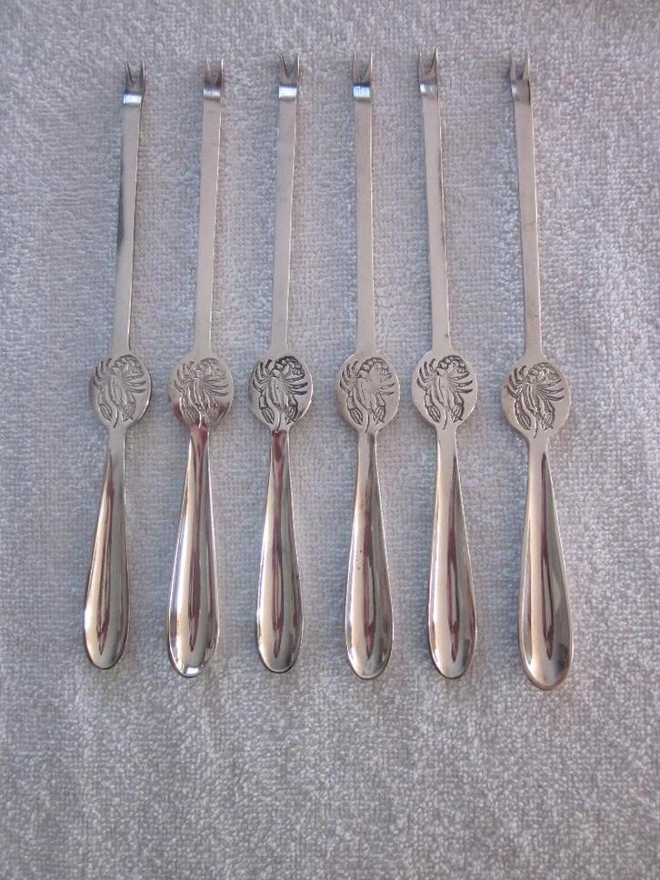 Gero 90 set van 6 verzilverde kreeft vorkjes model 287., Antiek en Kunst, Antiek | Goud en Zilver, Ophalen of Verzenden
