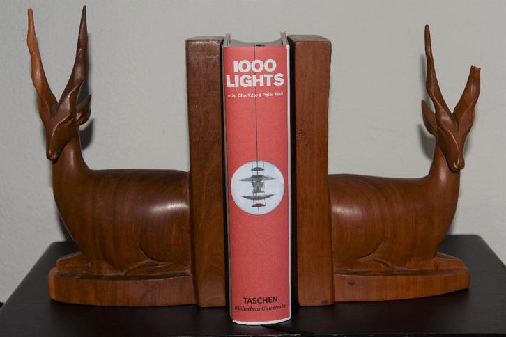 Vintage Teakhouten Herten Boekensteunen, Huis en Inrichting, Woonaccessoires | Wandplanken en Boekenplanken, Gebruikt, Ophalen of Verzenden