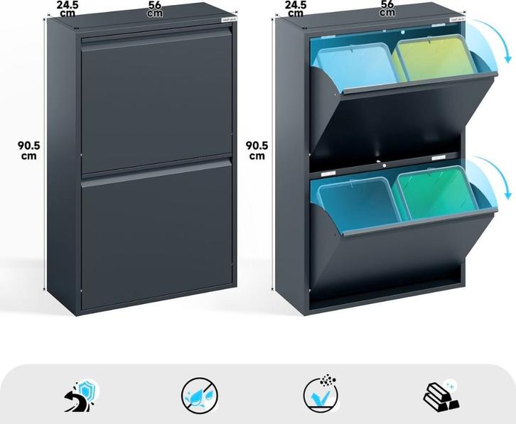 Prullenbak 4 vakken–Afvalem 60 Lt-62x25x93cm-Wit-Zwart-Grıjs, Huis en Inrichting, Woonaccessoires | Prullenbakken, Nieuw, Rvs