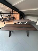 Eiken boomstamtafel 220x85 – charcoal – X-poten, Huis en Inrichting, Tafels | Eettafels, Ophalen, 200 cm of meer, 50 tot 100 cm