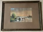 Aquarel waterlandschap naar Willem Roelofs koeien gesigneerd, Antiek en Kunst, Verzenden