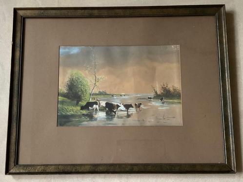 Aquarel waterlandschap naar Willem Roelofs koeien gesigneerd, Antiek en Kunst, Kunst | Schilderijen | Klassiek, Verzenden