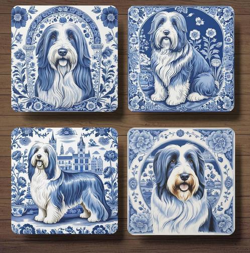 Bearded Collie Delfts Blauw onderzetters met houder, Huis en Inrichting, Woonaccessoires | Onderzetters, Nieuw, Glas of Kopje