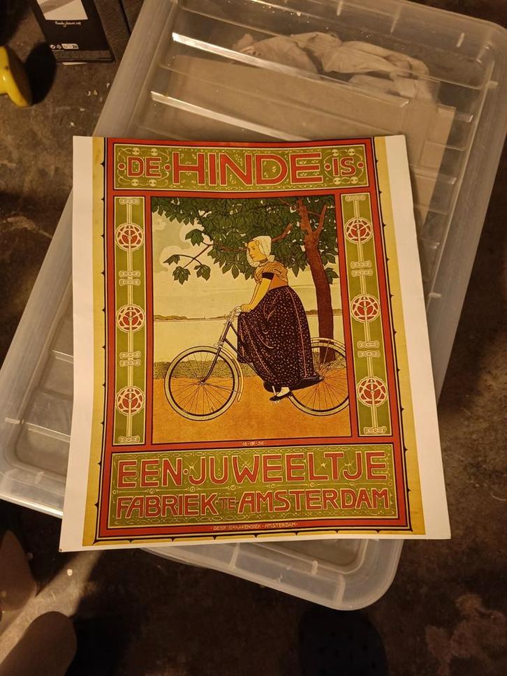 fiets reclame poster Hinde Amsterdam, Verzamelen, Posters, Zo goed als nieuw, Overige onderwerpen, A1 t/m A3, Rechthoekig Staand