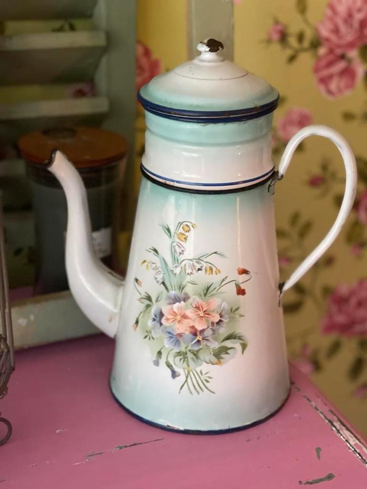 Vintage Emaille Koffiepot met Bloemen, Antiek en Kunst, Antiek | Emaille, Ophalen of Verzenden