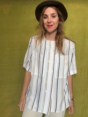 Vintage blouse, maat 42/XL - wit - strepen - 90's  beschikbaar voor biedingen