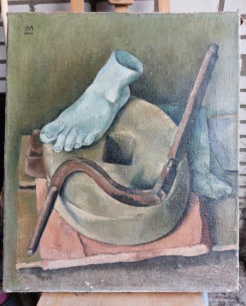 Surrealistisch Schilderij.Stileven met Slijpsteen  beschikbaar voor biedingen