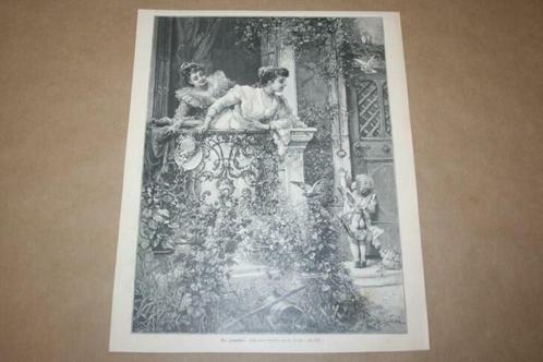 Antieke gravure - Amor roept vrouwen aan - Circa 1875 !!, Antiek en Kunst, Kunst | Etsen en Gravures, Ophalen of Verzenden