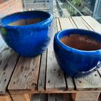 2 blauw glazuur bloempotten. Voor in tuin., Rond, Zo goed als nieuw, Aardewerk, Ophalen