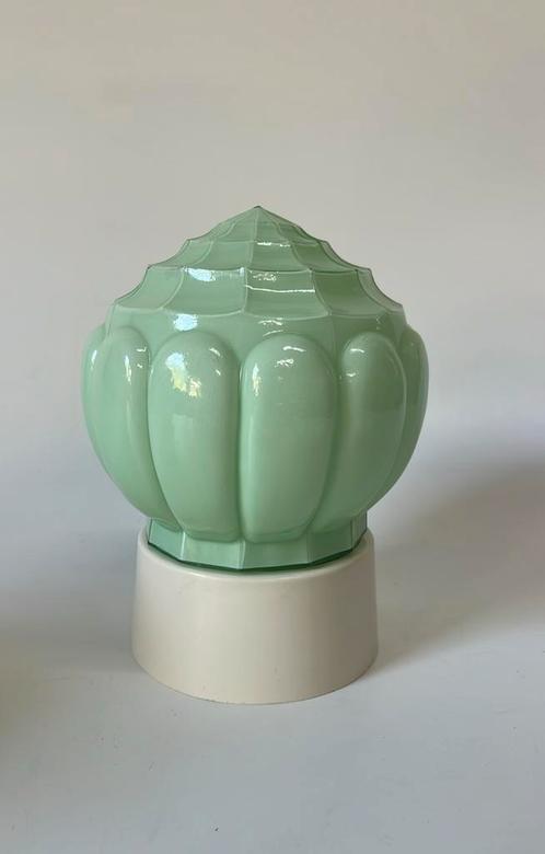 Schitterende groene vintage plafonnière ‘Dennenappel’ 1930, Huis en Inrichting, Lampen | Plafondlampen, Zo goed als nieuw, Glas