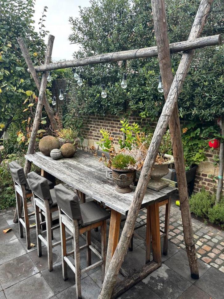 Leuk frans eiken hoge bartafelset, Tuin en Terras, Tuinsets en Loungesets, Gebruikt, Tuinset, Hout, 6 zitplaatsen, Ophalen of Verzenden