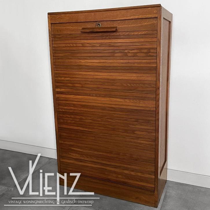 Vintage, antieke houten roldeurkast, rolluikkast archiefkast, Huis en Inrichting, Kasten | Wandmeubels, Gebruikt, 100 tot 150 cm
