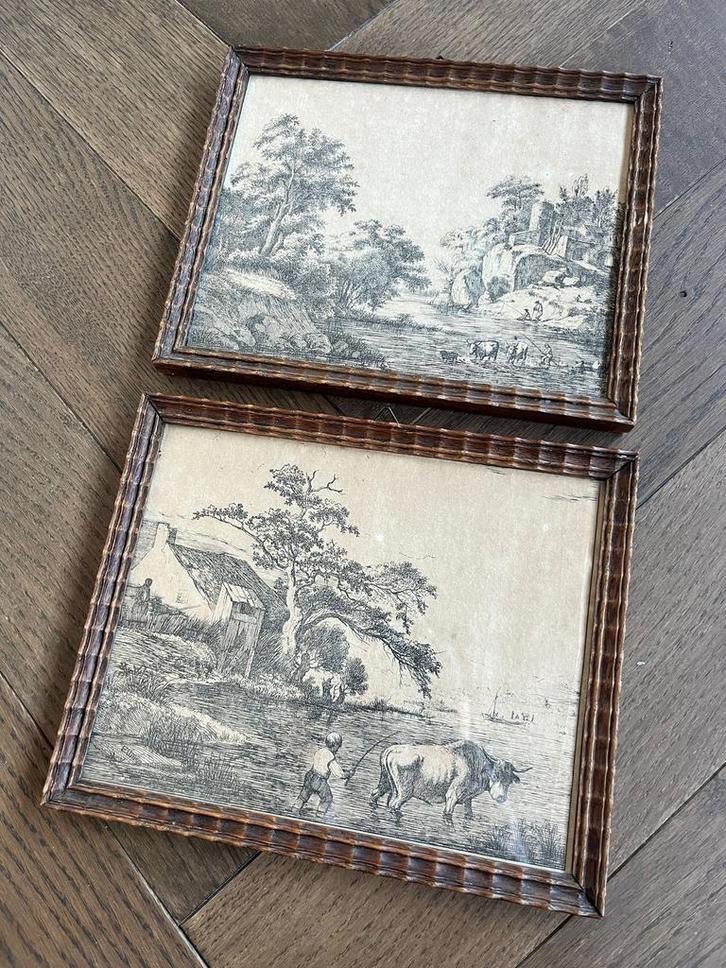 Twee 18e Eeuwse Etsen - Landschap met dieren!, Antiek en Kunst, Kunst | Tekeningen en Foto's, Ophalen of Verzenden