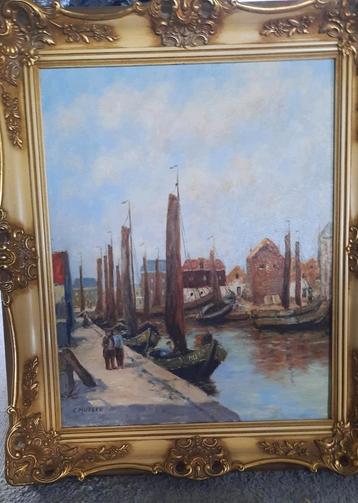 Olieverfschilderij Haven van Elburg door C. Muller beschikbaar voor biedingen